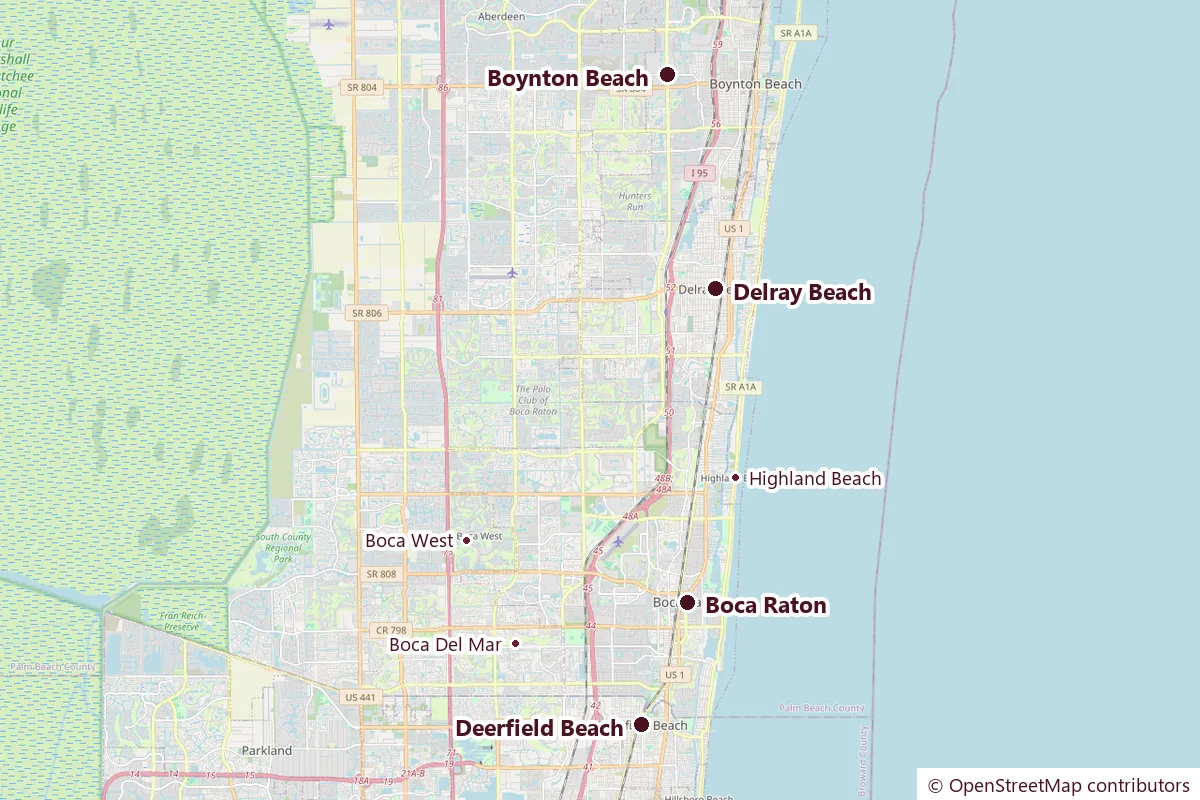 Map of Boca Raton and nearby towns from Boynton Beach to Deerfield Beach